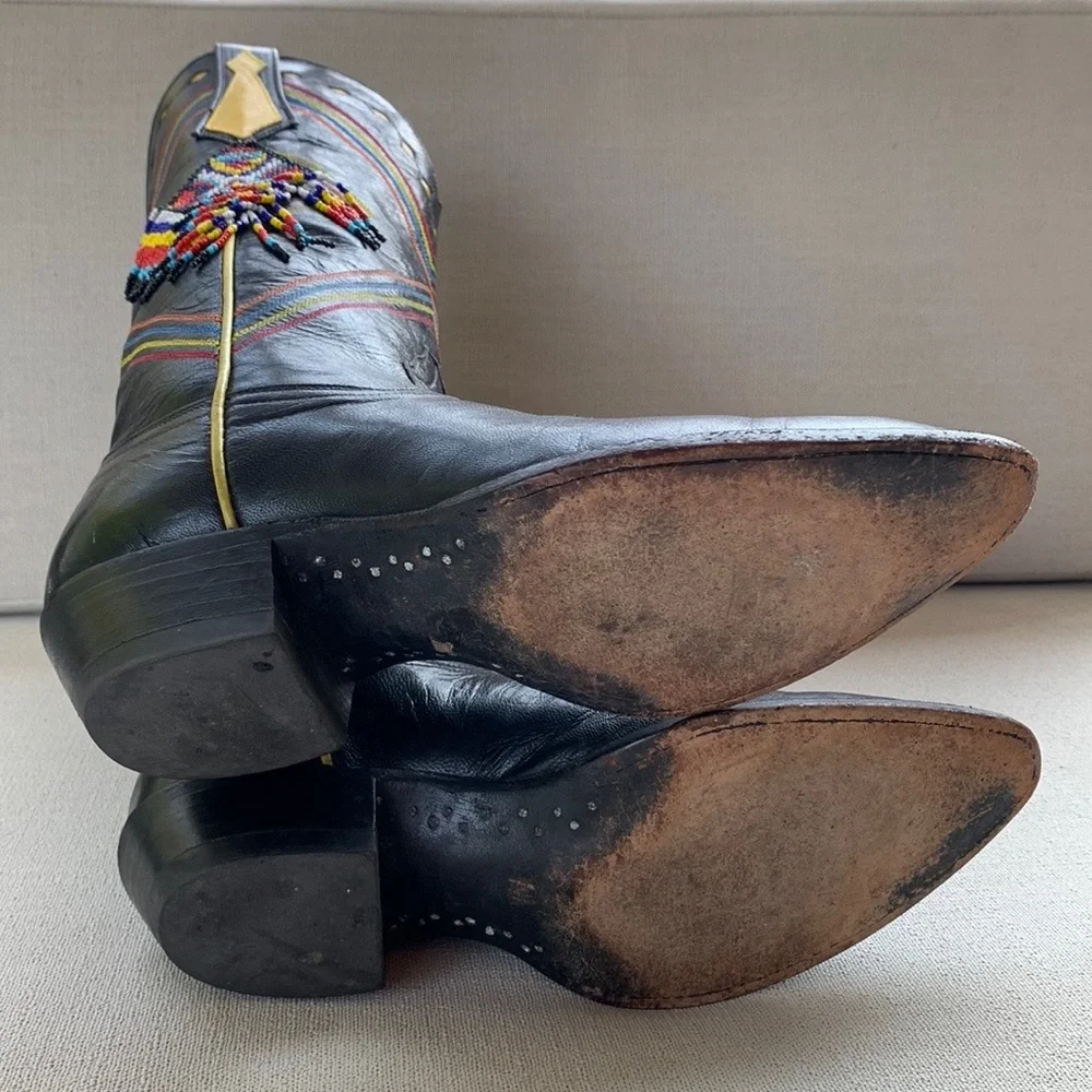 Larry Mahan Rare Vintage Aztec Beaded Fringe Black Leather Cowboy Western Boots - Picture 7 of 10